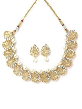 Karatcart Gold Plated Peacock Design Kundan and Pearl Choker Necklace Set for Women